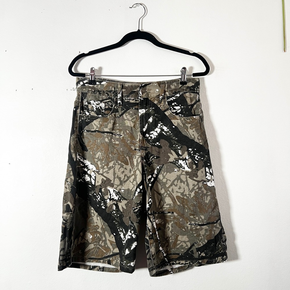 RSQ Mens Jort Camo Tree Print Denim Shorts Brown Green White Size 28 Camouflage